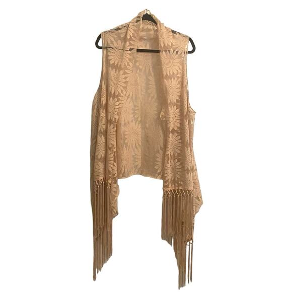 Mesh Floral Long Vest Sz M/L Fringe Hem Duster Boho Western Cowgirl Festival - Picture 1 of 7